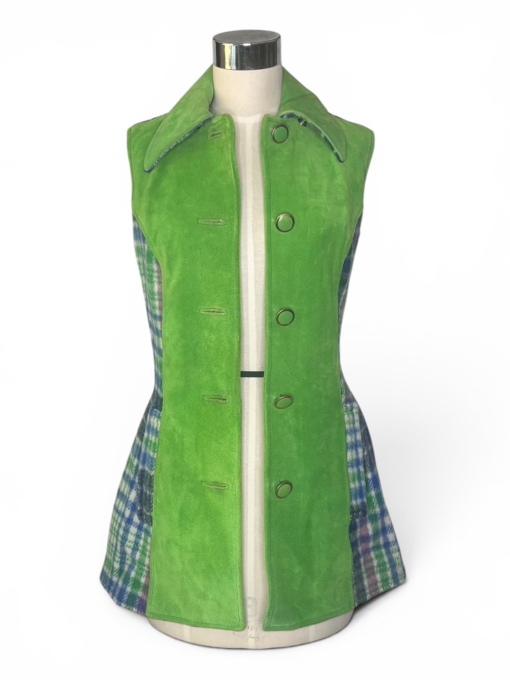 Vintage Pioneer Wear Plaid Wool & Green Suede Cape Vest Set | 1970s Southwestern - Picture 4 of 15